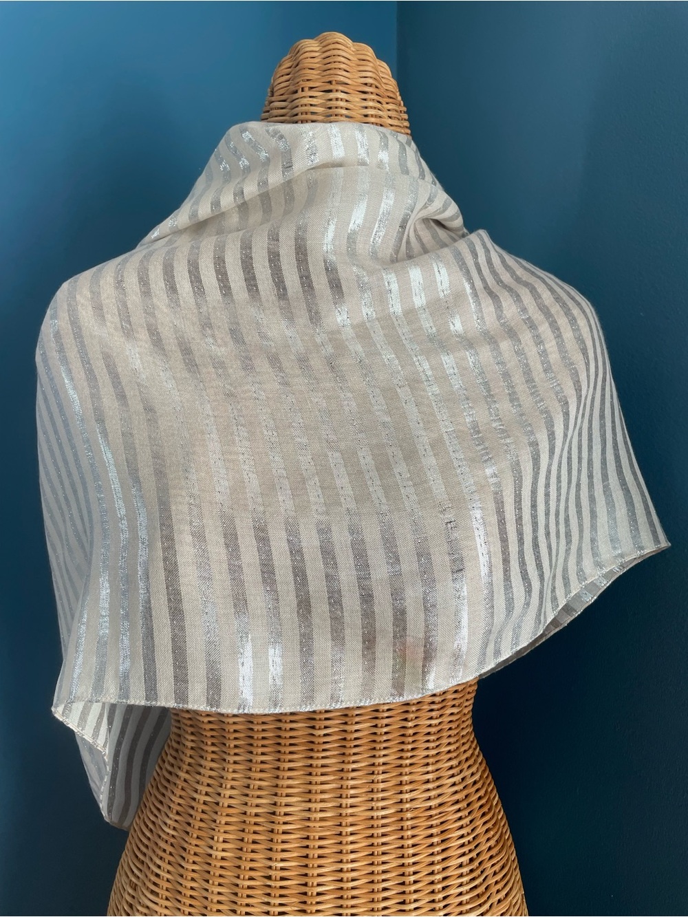 J. Crew Lightweight Scarf Wrap Shaw Striped Ivory Silver Metallic Pattern Fringe